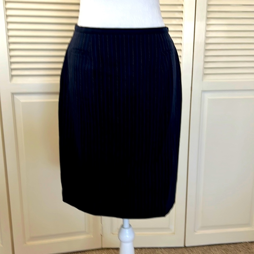 Nordstrom Classique Entier navy skirt with royal blue and cream pinstripes.